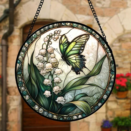 Miniatura 5 de DASTOLL Colgante de vidrio emplomado para ventana, diseño de lirio del valle, mariposa, atrapasol para puertas, hogar, atrapasoles decoración