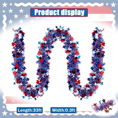 Miniatura 2 de 4th of July Red White Blue Star Tinsel Garland - 33 Ft Memorial Day Patriotic Decoration Independence Day Metallic Tree Fine Filament Garland