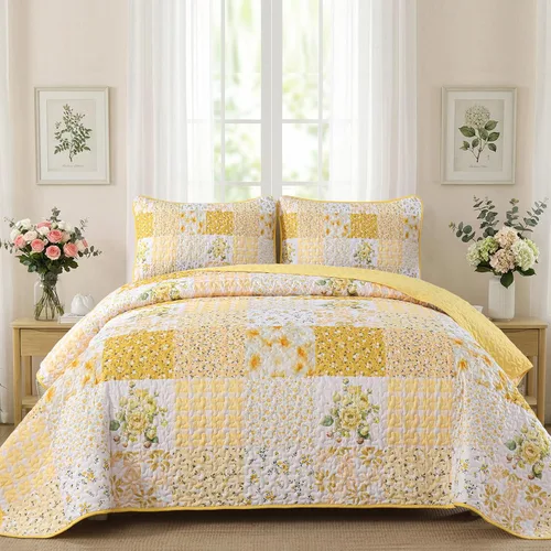 Miniatura 34 de Mybedsoul Juego de edredón bohemio beige tamaño individual, juego de colcha floral a cuadros de 3 piezas, juego de ropa de cama reversible