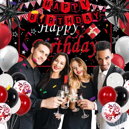 Miniatura 3 de Decoraciones de Cumpleaños Rojas para Hombres Mujeres Niños Niñas, 75 PCS Decoraciones de Fiesta Rojas y Negras Telón de Fondo Pancarta de Feliz