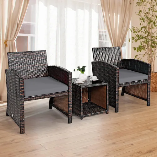 Miniatura 3 de Tangkula Juego de muebles de ratán de polietileno de 3 piezas, juego de conversación de patio con silla y mesa de café de almacenamiento, cojín Gris