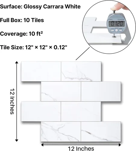 Miniatura 2 de COLAMO Protector contra salpicaduras de lujo de 10 hojas que se despega y pega, azulejo de metro blanco de piedra sintética autoadhesiva de 12"x12