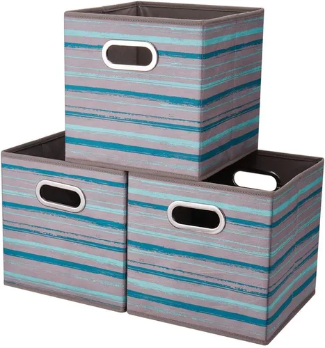QY-SC05-3 - Cubos de almacenamiento plegables de 13 pulgadas, cajas de almacenamiento de tela a rayas color verde azulado, insertos plegables de