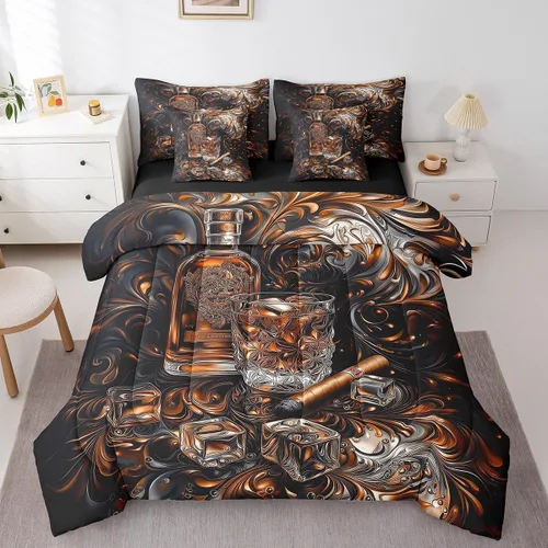Miniatura 10 de Whisky - Juego de ropa de cama de 7 piezas tamaño individual, cama de vidrio de hielo de whisky en una bolsa para niños, juego de edredón retro