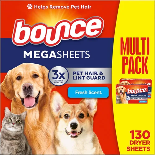 Bounce Hojas para secadora de pelo y pelusa para mascotas con 3 peleadores de pelo de mascotas, aroma fresco, 130 unidades