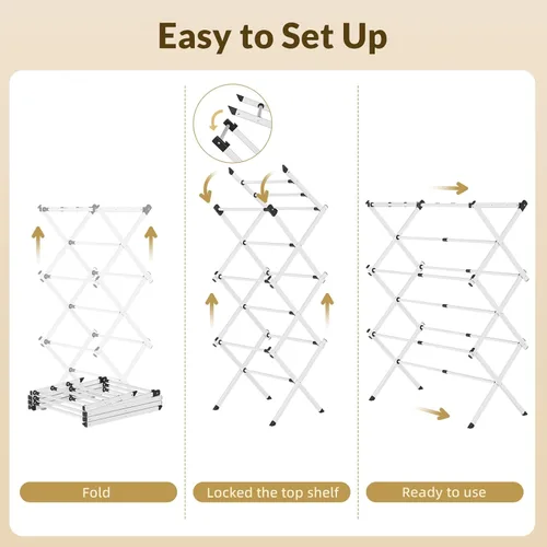 Miniatura 5 de Estante de secado de ropa, estante plegable expandible de metal resistente para secar al aire la ropa, estante portátil de 3 niveles para ropa
