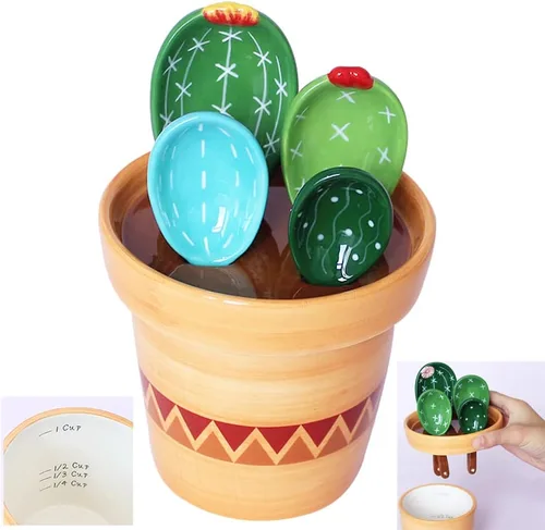 Juego de cucharas medidoras de cactus en maceta de cerámica. Lindas tazas medidoras y cucharas únicas para hornear. Regalos para ingredientes secos