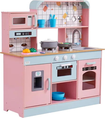 Miniatura 10 de VEVOR Cocina de Juguete de Madera, Cocina de Juego para Niños con Luces y Sonidos, Cocina Infantil con Máquina de Hielo, Horno, Fregadero, Rosa