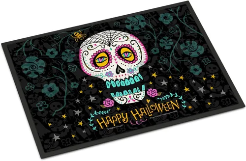 Caroline's Treasures VHA3035MAT Felpudo con el Día de los Muertos con Feliz Halloween, 18 x 27 pulgadas, para interiores y exteriores, para entrada,