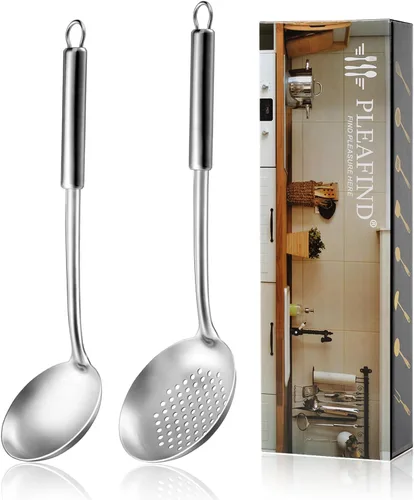 Pleafind 2 piezas Cucharón y cuchara ranurada, cucharón para sopa y cuchara colador, cucharas de cocina y espumaderas de acero inoxidable, Gris