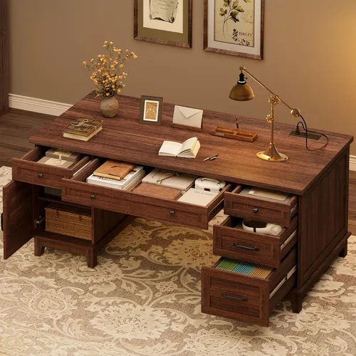 Miniatura 11 de GarveeHome Escritorio ejecutivo de granja con cajones de archivos, escritorio de oficina en casa de 60 pulgadas con estación de carga, escritorio
