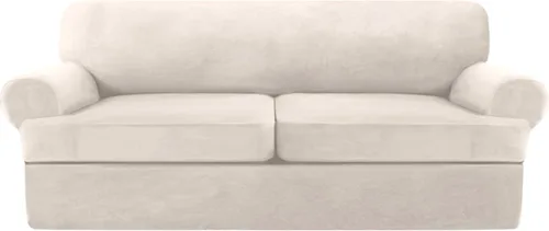 Miniatura 9 de NA Funda de terciopelo para sofá con cojín en T, 4 piezas, fundas de sofá suaves para sofá, fundas protectoras de muebles con 3 asientos Marfil