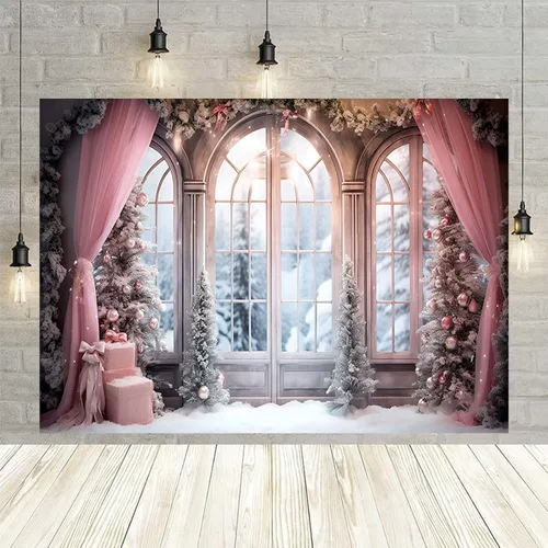 Miniatura 4 de Cortina rosa de invierno, fondo fotográfico de Navidad, invierno, nieve, bosque, ventana, fondo de fotografía, decoración de fiesta familiar, baby