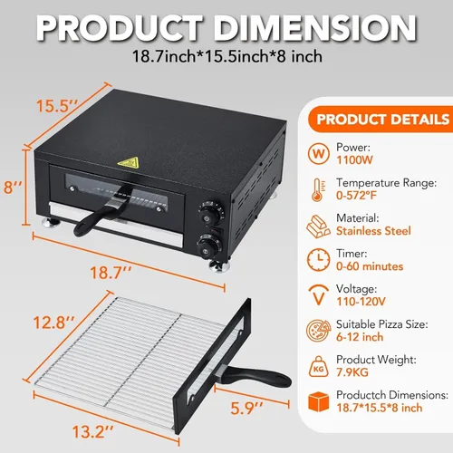 Miniatura 6 de Horno de pizza eléctrico de 12 pulgadas, máquina de pizza comercial con ventana de observación, máquina de pizza de 1100 W con temporizador, cocina