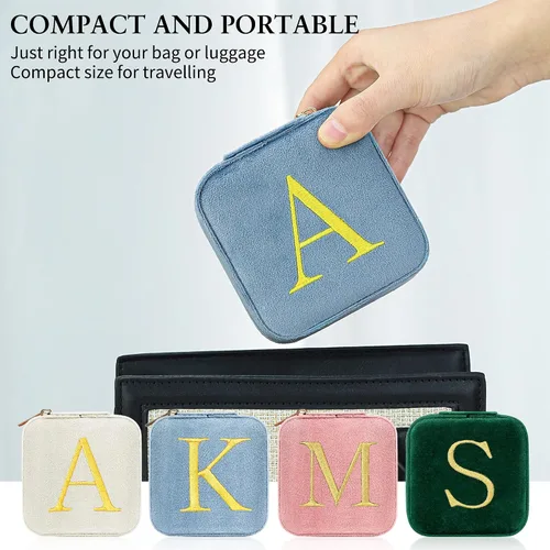 Miniatura 5 de Parima Regalos de cumpleaños para mujeres y niñas, estuche organizador de joyería de viaje de terciopelo de felpa, inicial, pequeño, azul, artículos