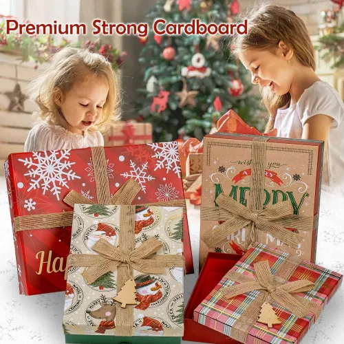Miniatura 3 de Cajas de regalo de Navidad con tapas para regalos, juego grande de 4 cajas de regalo a granel rojo y marrón en varios diseños con lazos, decoración