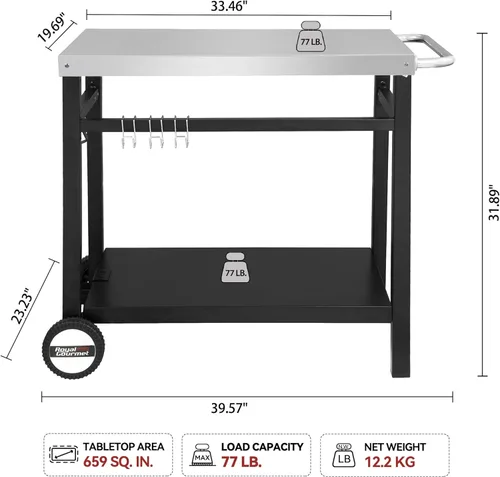 Miniatura 2 de Royal Gourmet Mesa de Carrito de Comedor con Doble Estante, Carrito de Parrilla de Superficie Plana de Acero Inoxidable Móvil, Ganchos, Mango