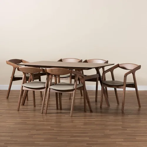 Miniatura 8 de Baxton Studio Harland - Juego de comedor de 7 piezas, tapizado de piel sintética gris y acabado marrón nogal, juego de comedor de 7 piezas