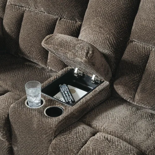 Miniatura 13 de Signature Design by Ashley Frohn - Sofá biplaza reclinable doble manual moderno con consola, almacenamiento y portavasos, color marrón oscuro Gris