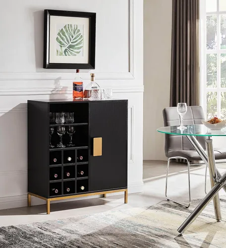 Kings Brand Furniture - Gabinete de licor Grant Buffet Bar con estante para vino y soporte para vidrio, color negro