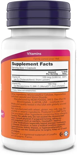 Miniatura 2 de Now Supplements, Mega D-3 y MK-7, 5000 UI/180 mcg, apoyo óseo y cardiovascular*, vitaminas K-3 y K-2, 180 cápsulas