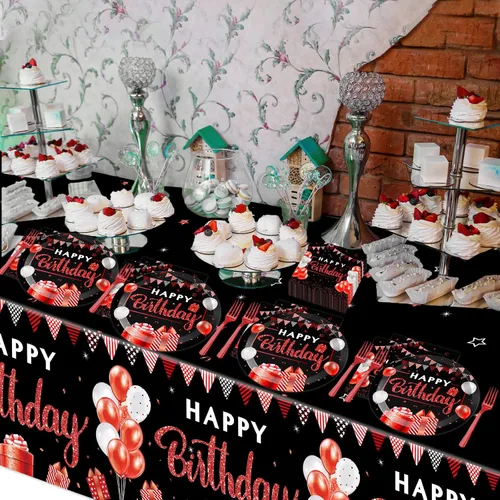 Miniatura 7 de Suministros de fiesta de cumpleaños rojo y negro, confeti con chispas de feliz cumpleaños, incluye platos de fiesta, servilletas, tenedor y mantel
