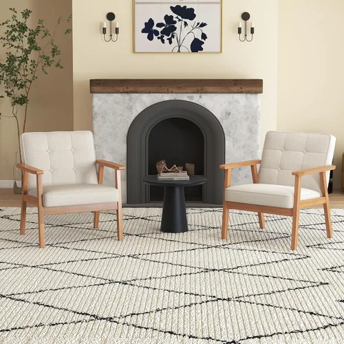 Miniatura 4 de Silla decorativa moderna con reposabrazos, silla de ocio tapizada de tela de lino con botón de respaldo y marco de madera para sala de estar, Beige