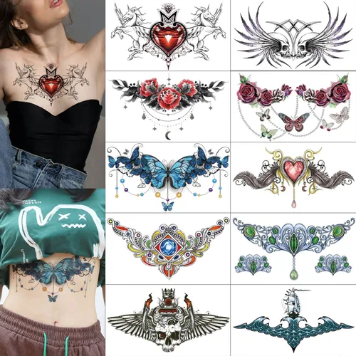 Miniatura 8 de Glaryyears Tatuaje temporal debajo del pecho para mujer, paquete de 10 tatuajes realistas florales grandes, calcomanías creativas de larga duración