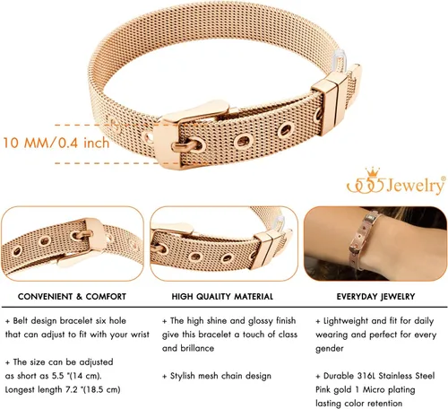 Miniatura 4 de 555Jewelry Pulsera de malla con hebilla de cinturón ajustable de acero inoxidable para mujer