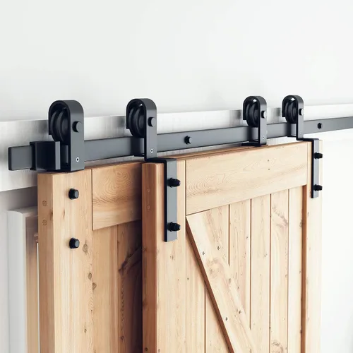 SMARTSTANDARD - Kit de herrajes para puerta corrediza de granero de 6 pies | para puertas de madera dobles | vía única | suave y silencioso | fácil