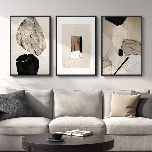 Miniatura 11 de Arte de pared abstracto neutro con marco grande para sala de estar, 3 piezas, impresiones modernas en lienzo para paredes, cuadros negros y beige