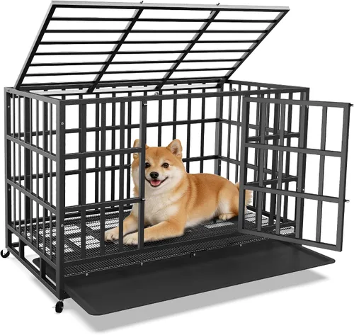 Miniatura 12 de Jaula para Perros Indestructible de Servicio Pesado de 38 pulgadas con Bandejas Removibles, Puerta Doble a Prueba de Escape para Perros con Alta