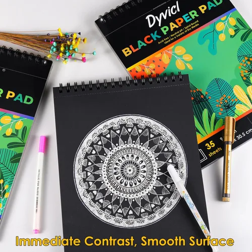 Miniatura 5 de Dyvicl Cuaderno de bocetos profesional de papel negro de 5.5 x 8.5 pulgadas, 35 hojas de papel de dibujo pesado de 150 GSM para bolígrafos de gel