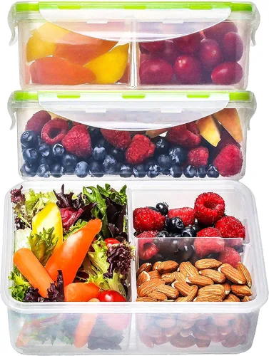Lonchera Bento para niños y adultos, contenedor reutilizable para preparación de comidas, contenedor de 3 compartimentos con tapa hermética, para