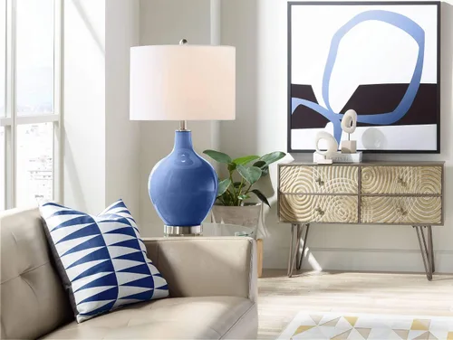Miniatura 3 de Color + Plus Lámpara de mesa moderna de 28.5 pulgadas de alto, cristal azul Mónaco OVO blanco con pantalla de tambor de lino para sala de estar