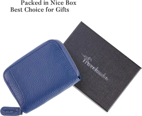 Miniatura 5 de Travelambo Monedero de piel auténtica con cremallera YKK, Azul, Moda