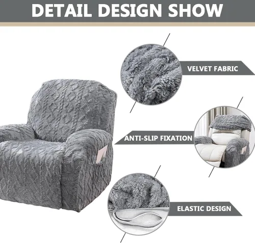 Miniatura 3 de OQHAIR Funda de terciopelo para sillón reclinable grande, 4 piezas, elástica, suave, con bolsillos, protector de muebles, color beige, 2 plazas