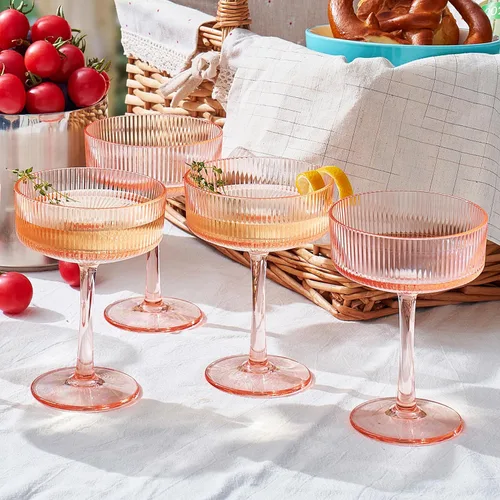 Miniatura 15 de Khen Juego de 4 vasos de cóctel vintage Art Deco inastillables de 8 onzas de acrílico transparente acanalado ondulado estilo europeo, copas