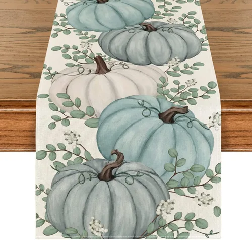 Miniatura 8 de Artoid Mode Camino de mesa de otoño con hojas de eucalipto y calabazas naranjas, decoración de mesa de comedor de cocina de Acción de Gracias