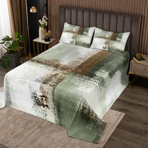 Erosebridal Juego de edredón de teñido anudado marrón, juego de colcha verde degradado para niños, juego de ropa de cama abstracta grunge acuarela
