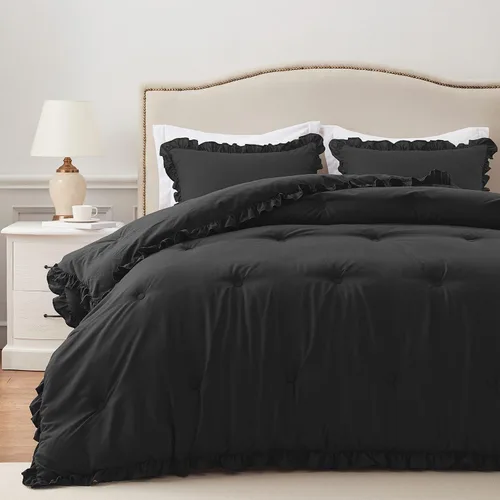 HARBOREST Juego de Cama Ligero de 2 Piezas con Volantes Negros Estilo Vintage Campestre Suave Juego de Edredón Individual con 1 Funda Decorativa de