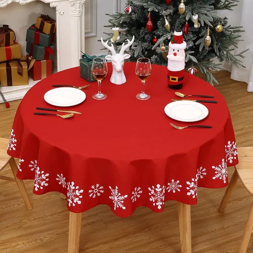 Miniatura 5 de CAROMIO Mantel redondo de Navidad de 60 pulgadas, mantel redondo de Navidad con copos de nieve, mantel decorativo de Navidad para interiores