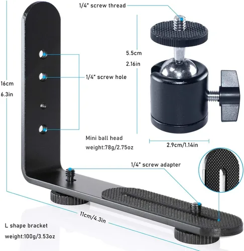 Miniatura 3 de EXMAX® Soporte para cámara de luz flash en forma de L de aleación de aluminio de metal con tornillo de 1/4 pulgadas + mini trípode de cabeza de bola
