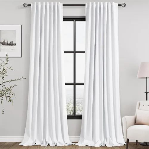 Miniatura 97 de Cortinas de lino 100% opacas para dormitorio, 102 pulgadas de largo, con pestaña trasera, bolsillo para barra, paneles acústicos con aislamiento