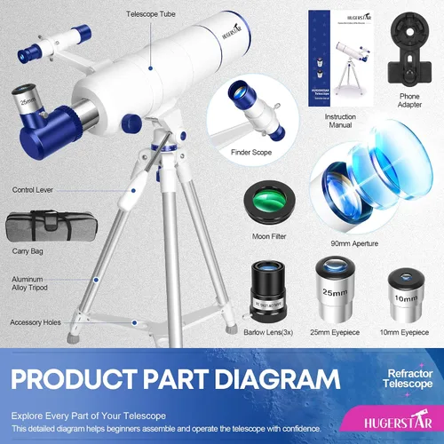 Miniatura 6 de Telescopio para adultos de alta potencia, apertura de 90 mm, telescopio refractor portátil de 550 mm para niños y principiantes de astronomía