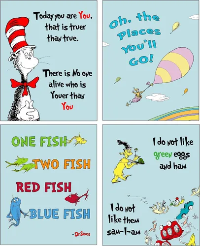Pack de 4 estampas artísticas de Dr Seuss para decorar recámara de bebé o niño