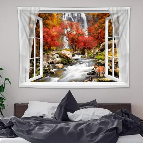 Miniatura 9 de HVEST Tapiz de bosque otoñal para colgar en la pared, hojas de arce naranja y sol, tapiz para colgar en la pared, tapiz de hojas de árbol de otoño