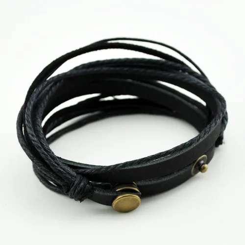 Miniatura 3 de Pulsera de piel auténtica para hombre y mujer, multicapa, ajustable, con cuerda multicolor, latín, Negro, C0020