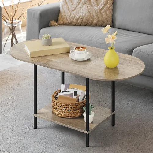 Miniatura 7 de OYEAL Mesa de Café Negra para Sala de Estar, Mesa Central Pequeña de 2 Niveles Ovalada, Mesa de Té Redonda de Granja de Media Siglo con Estante