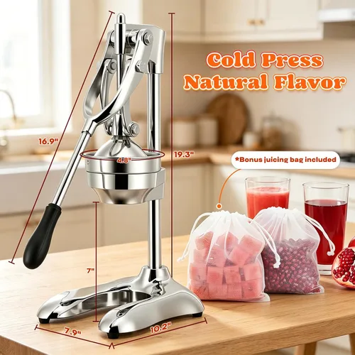Miniatura 4 de Moongiantgo Exprimidor manual comercial, extractor de jugo de prensa manual resistente con 2 bolsas de frutas reutilizables, exprimidor profesional